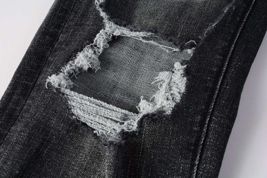 Men's Distressed Black Gray Skinny Jeans with Ripped Holes & Button Fly