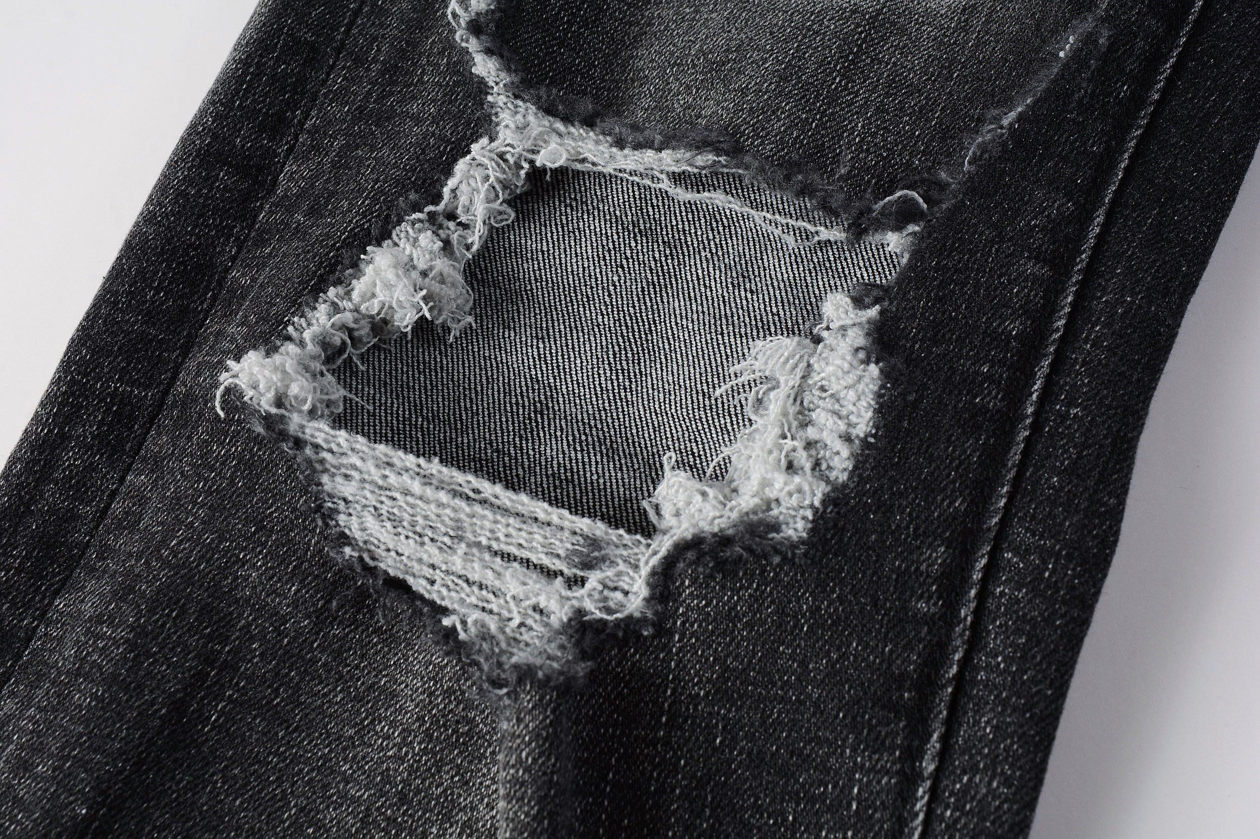 Men's Distressed Black Gray Skinny Jeans with Ripped Holes & Button Fly