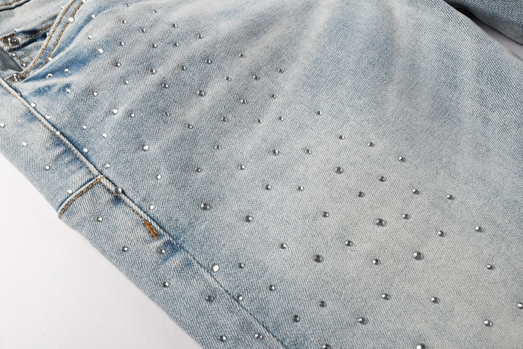 Men's Distressed Light Indigo Skinny Jeans with Transparent Rhinestones & Ripped Holes