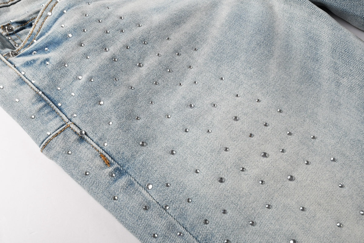 Men's Distressed Light Indigo Skinny Jeans with Transparent Rhinestones & Ripped Holes