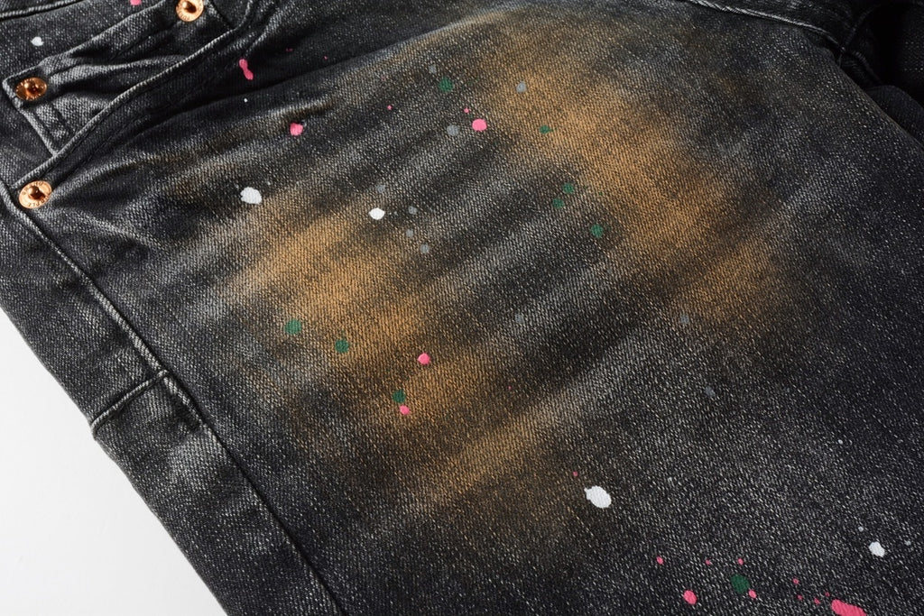 American Vintage Men's Distressed Dark Gray Skinny Jeans with Spray Paint & Ripped Holes