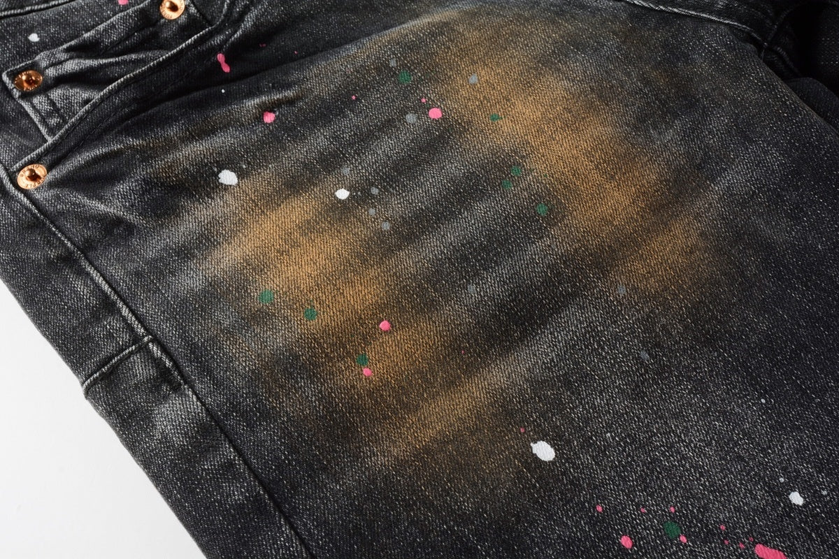 American Vintage Men's Distressed Dark Gray Skinny Jeans with Spray Paint & Ripped Holes