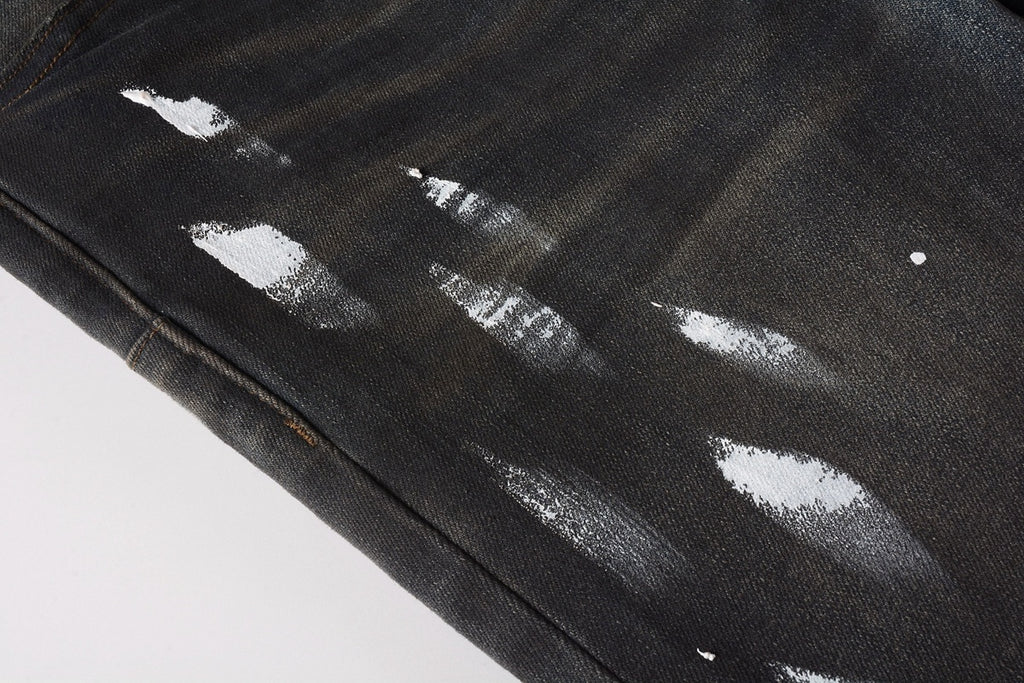 Men's High Street Distressed Black Spray Painted Stretch Slim Fit Ripped Jeans