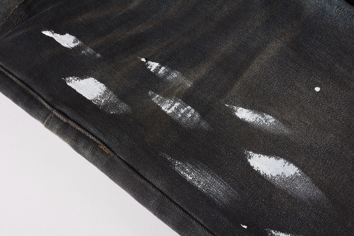 Men's High Street Distressed Black Spray Painted Stretch Slim Fit Ripped Jeans