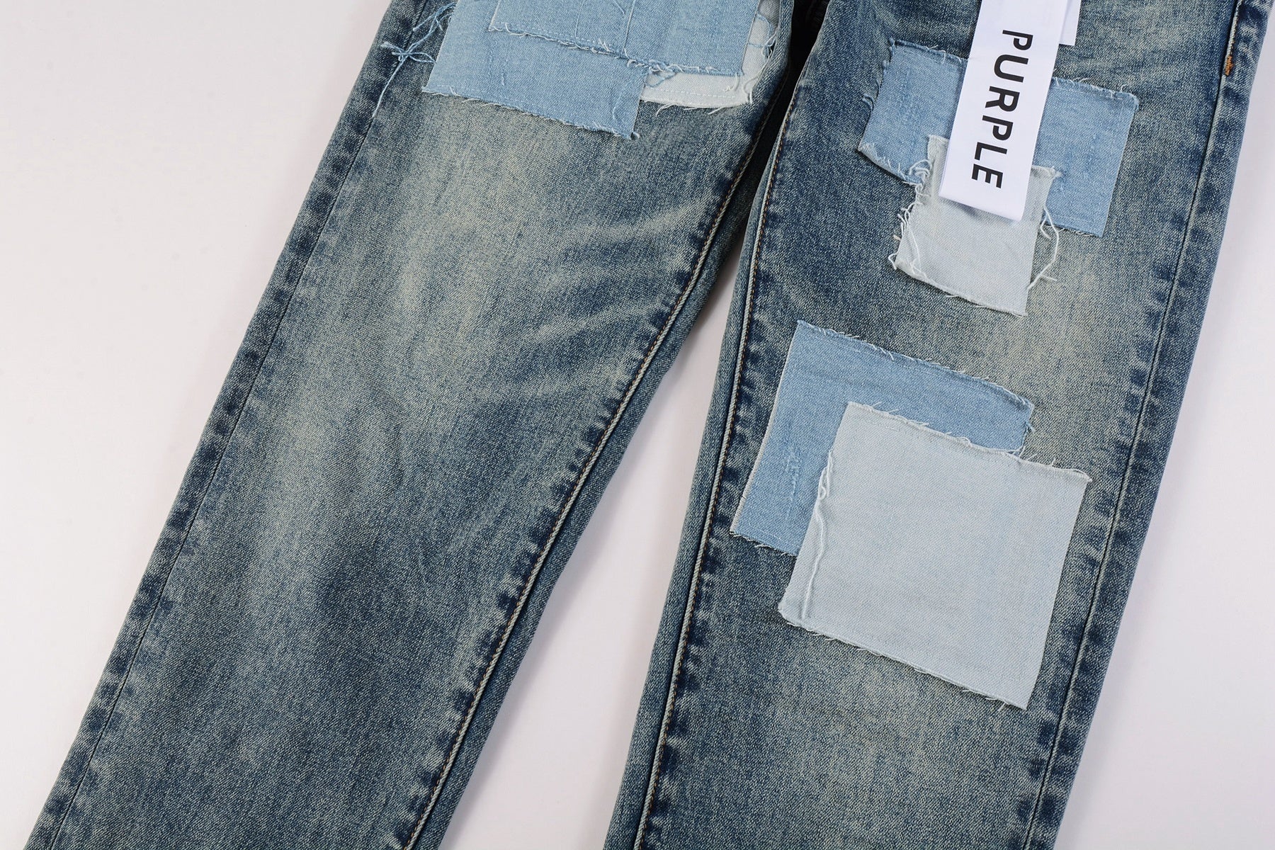 Men's Distressed Light Blue Patchwork Stretch Slim Fit Ripped Denim Jeans