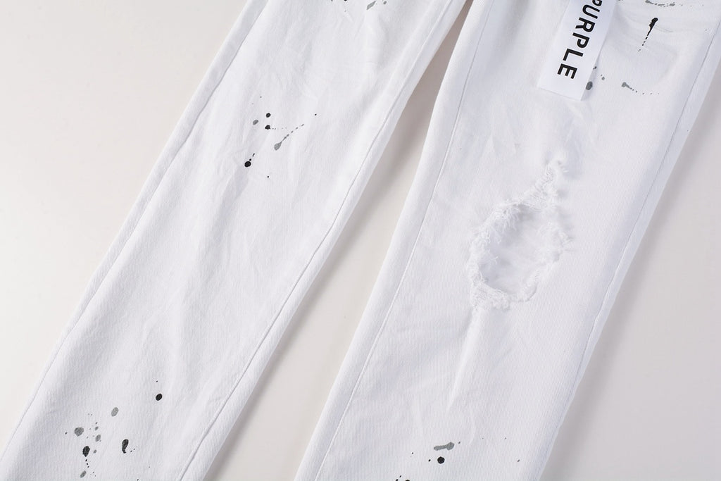 Men's White Distressed Damaged Holes High Stretch Slim Fit Spray Paint Ripped Jeans