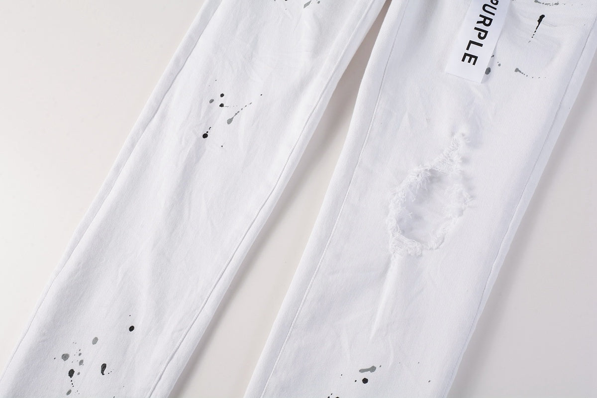 Men's White Distressed Damaged Holes High Stretch Slim Fit Spray Paint Ripped Jeans