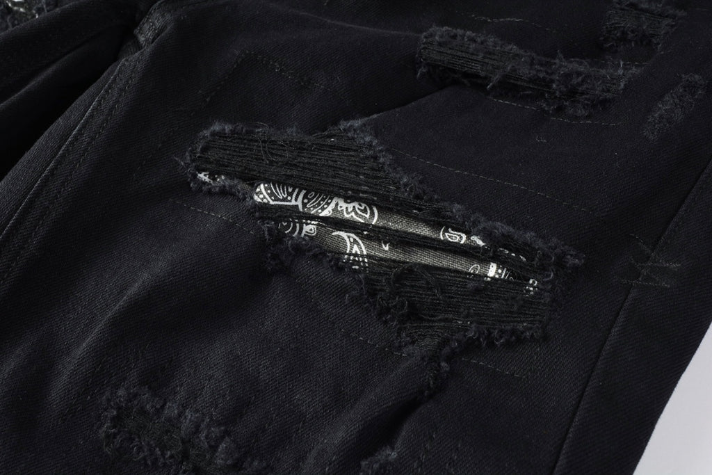 Men's Black Heavy Distressed Bandana Patch Skinny Jeans - Stretch Denim