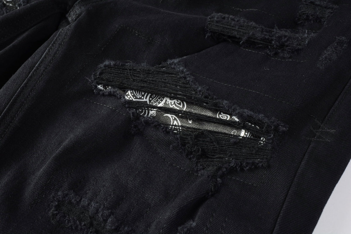 Men's Black Heavy Distressed Bandana Patch Skinny Jeans - Stretch Denim