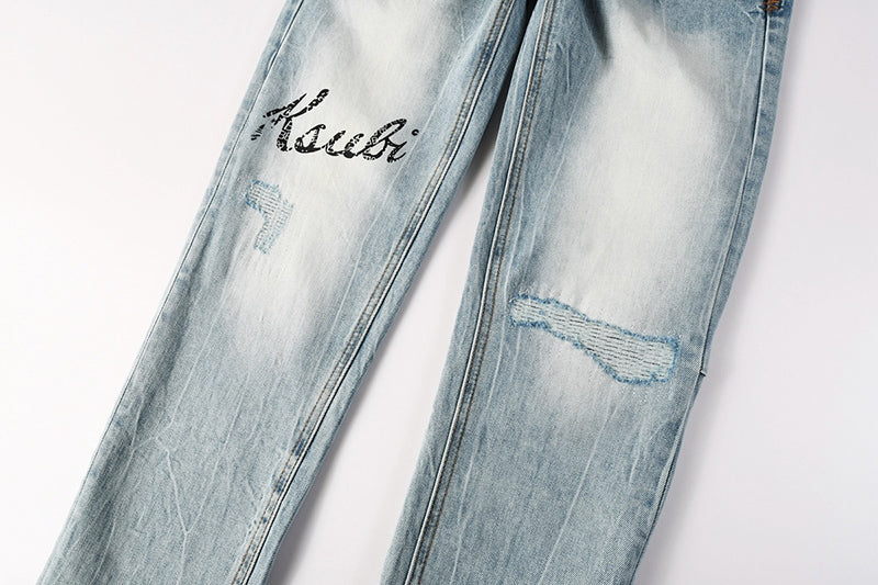 Men's Ksubi-Style Light Wash Rhinestone Logo Skinny Jeans - Streetwear Denim