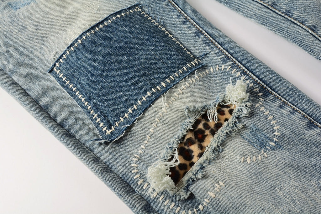 Men's Distressed Light Blue Slim Fit Patchwork Skinny Jeans with Ripped Holes & Button Fly
