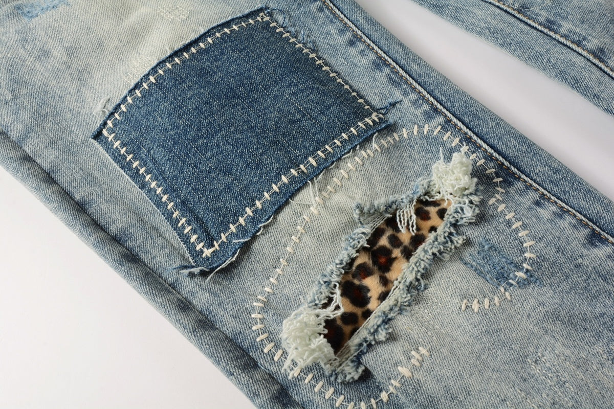 Men's Distressed Light Blue Slim Fit Patchwork Skinny Jeans with Ripped Holes & Button Fly