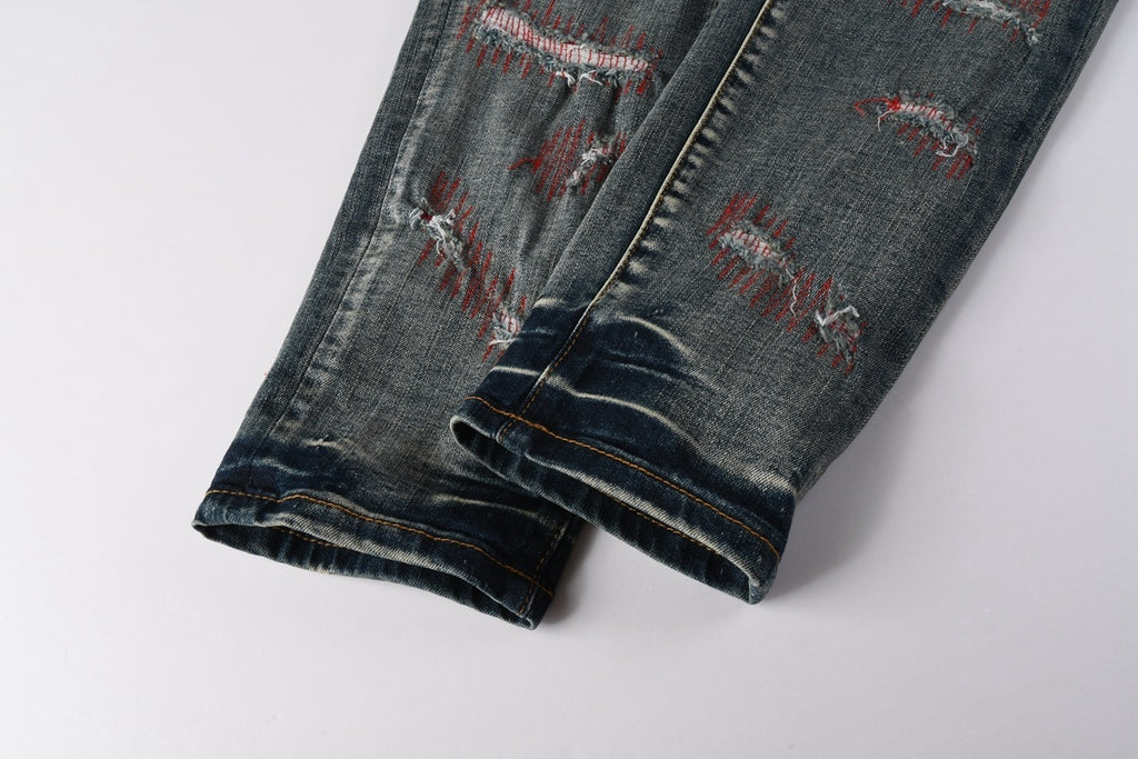 Men's Distressed Blue Skinny Jeans with Devil Suture Design & Ripped Holes & Button Fly