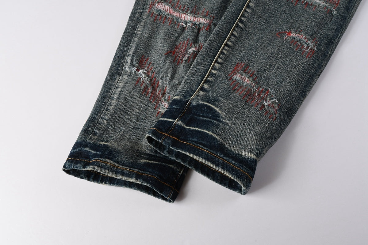 Men's Distressed Blue Skinny Jeans with Devil Suture Design & Ripped Holes & Button Fly