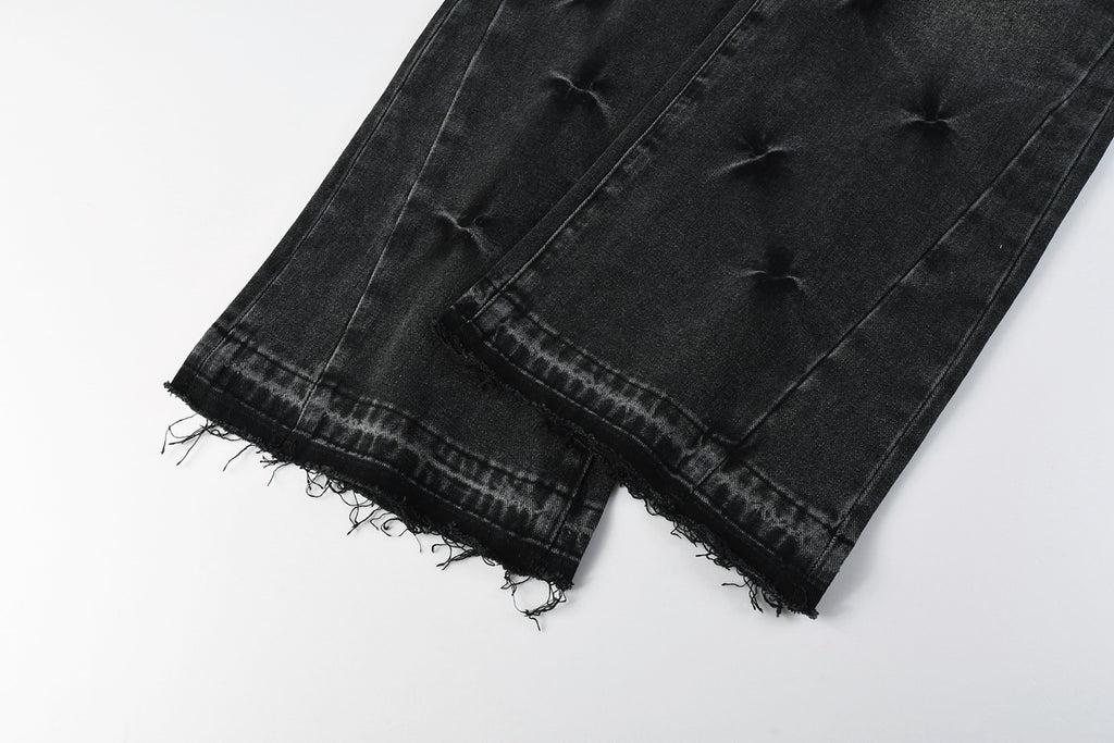 Men's Distressed Black Gray Loose Fit Jeans with Ripped Holes & Button Fly
