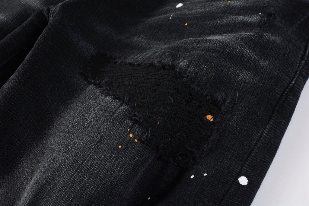 Men's Streetwear Slim Fit Distressed Black Damaged Holes Stretch Ripped Jeans