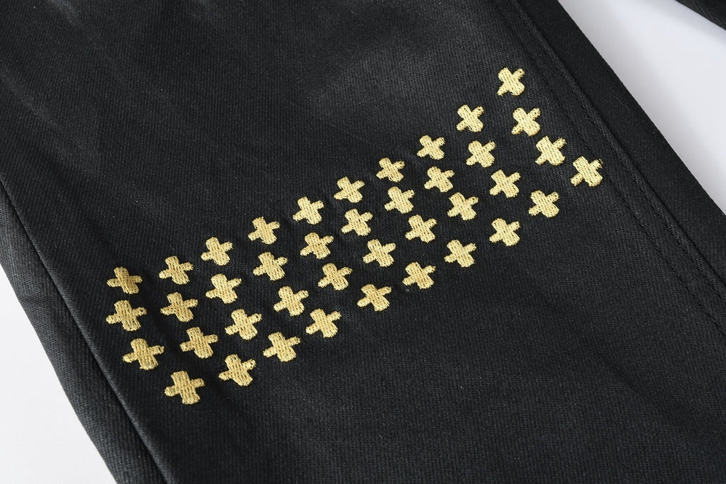 Men’s Black Waxed Skinny Jeans - Gold Studded Streetwear Denim