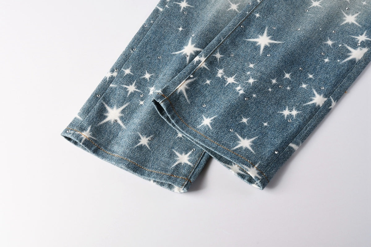 Distressed Blue Rhinestones Baggy Jeans - Printing Patterns & Loose Ripped Denim