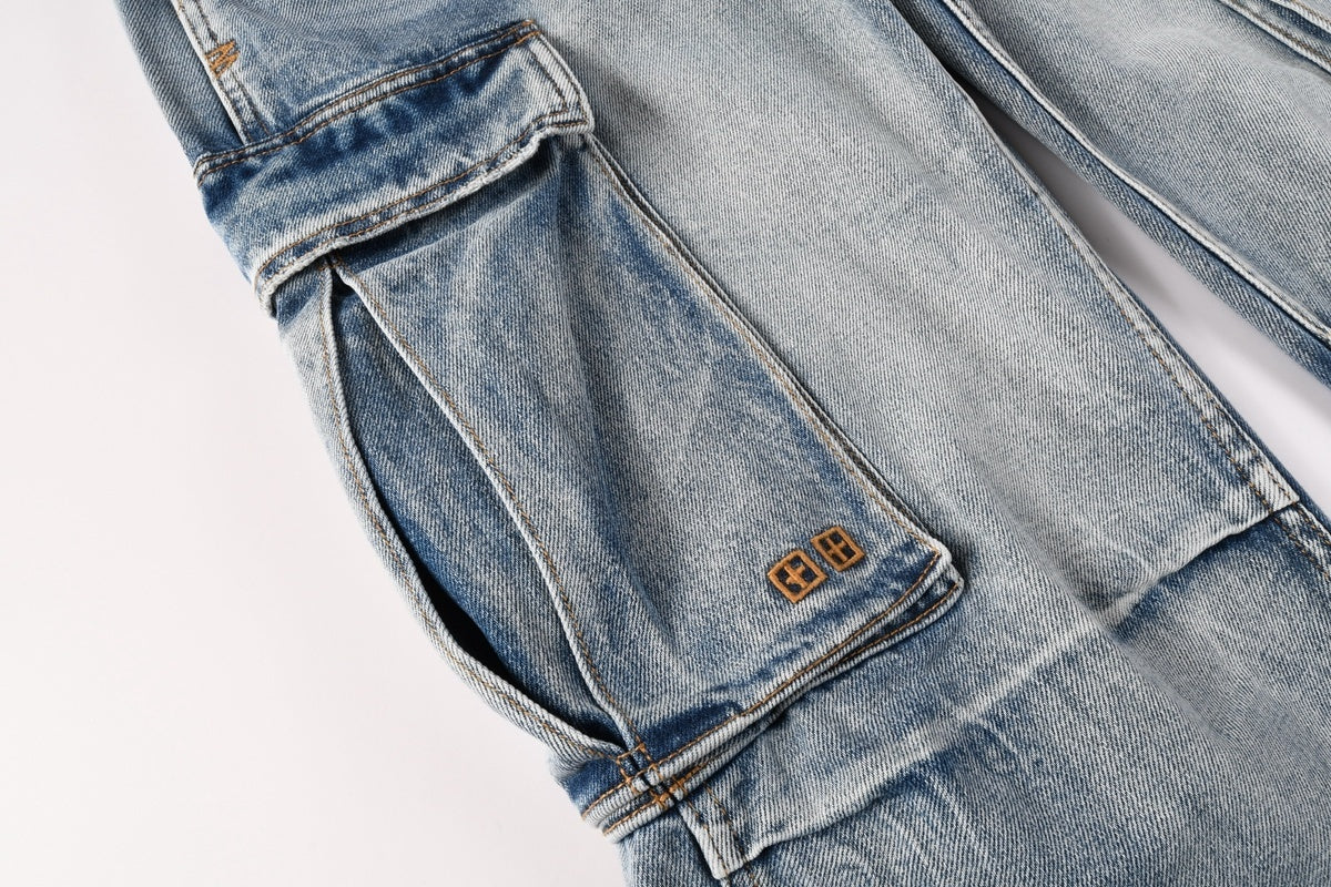 Men’s Light Wash Cargo Jeans - Baggy Utility Denim Pants