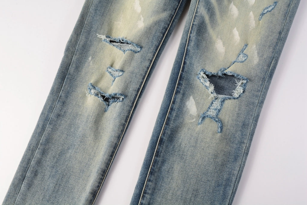 Men High Street Distressed Light Blue Destroyed Holes Graffiti Painted Stretch Slim Fit Ripped Jeans