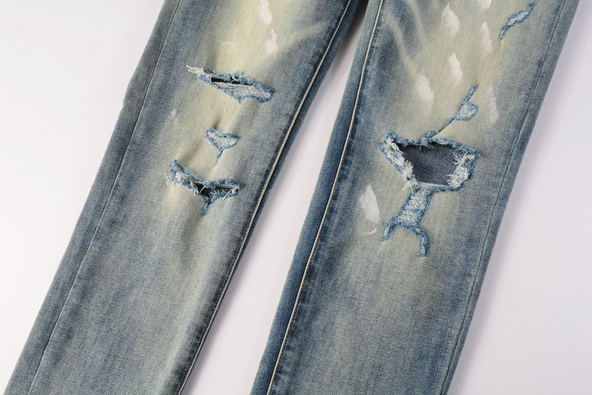Men High Street Distressed Light Blue Destroyed Holes Graffiti Painted Stretch Slim Fit Ripped Jeans