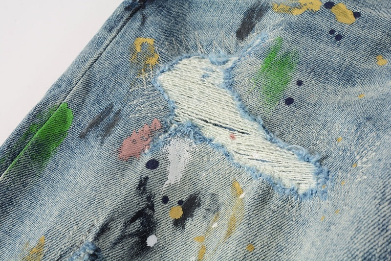Men's Distressed Light Blue Graffiti Ripped Skinny Jeans with Button Fly & Damaged Holes
