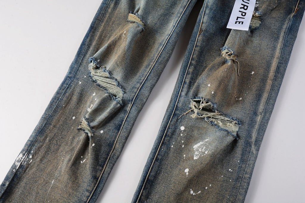 Men's Blue High Street Distressed Dirty Damaged Holes Stretch Slim Fit Ripped Jeans