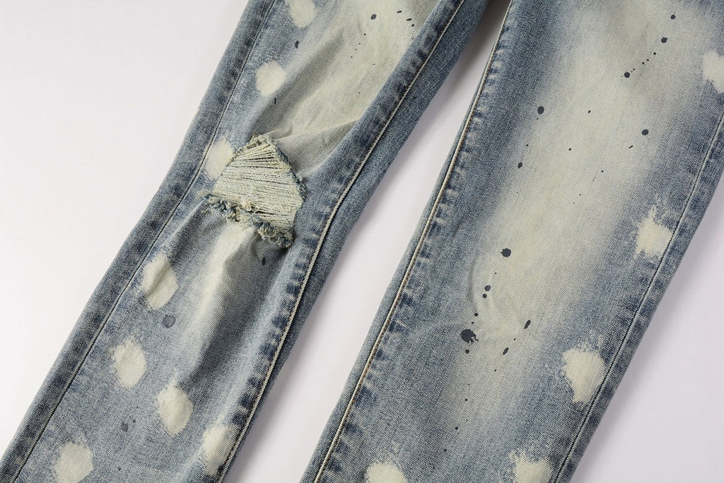 Men's Distressed Light Blue Graffiti Skinny Jeans with Ripped Holes & Button Fly