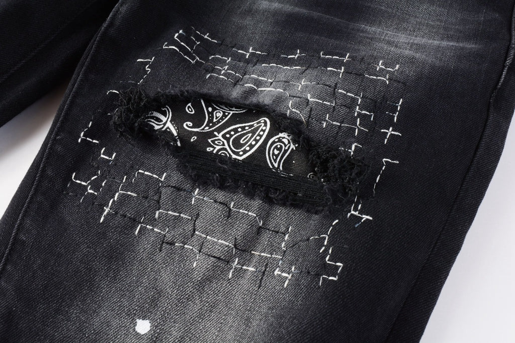 Men's Distressed Black Skinny Jeans with Bandanna Patchwork, Ripped Holes & Button Fly