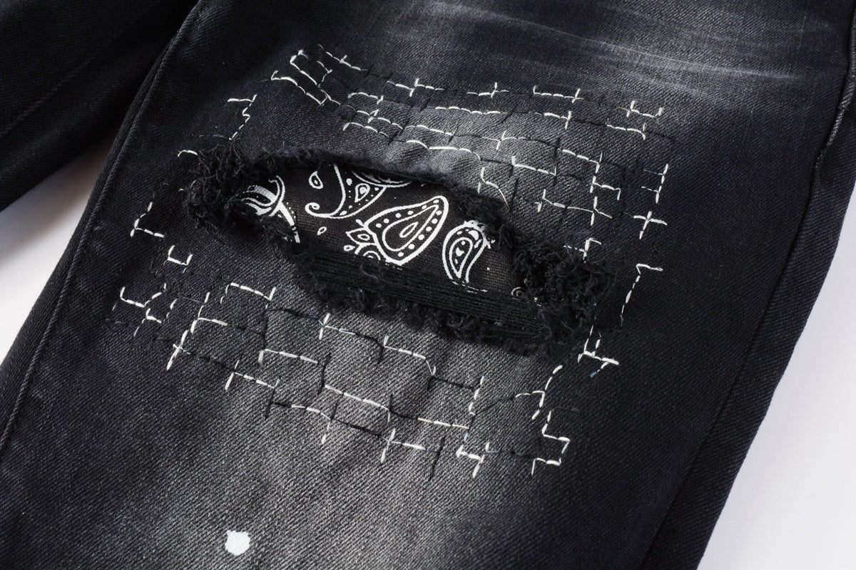 Men's Distressed Black Skinny Jeans with Bandanna Patchwork, Ripped Holes & Button Fly