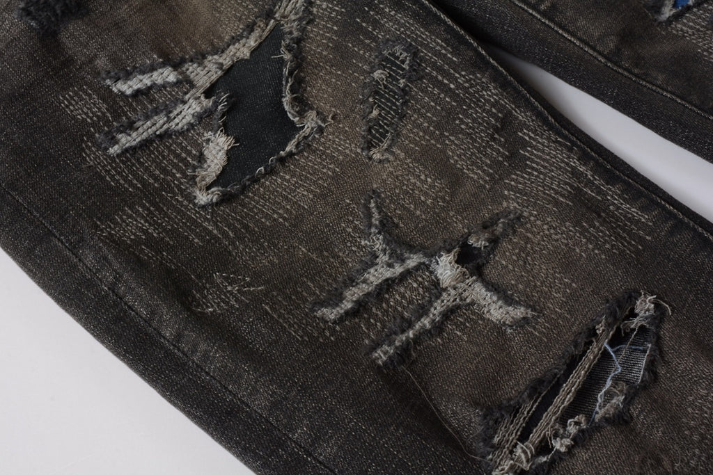 Men's Distressed Black Gray Patchwork Skinny Jeans with Ripped Holes & Button Fly