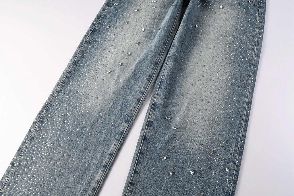 High Street Baggy Jeans - Distressed Blue Rhinestones Pattern | Loose Ripped Jeans