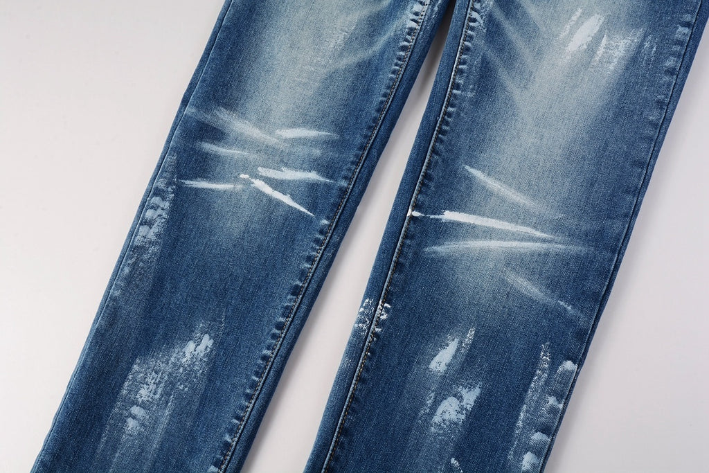 Men's High Street Distressed Classic Blue Graffiti Painted Stretch Skinny Ripped Jeans
