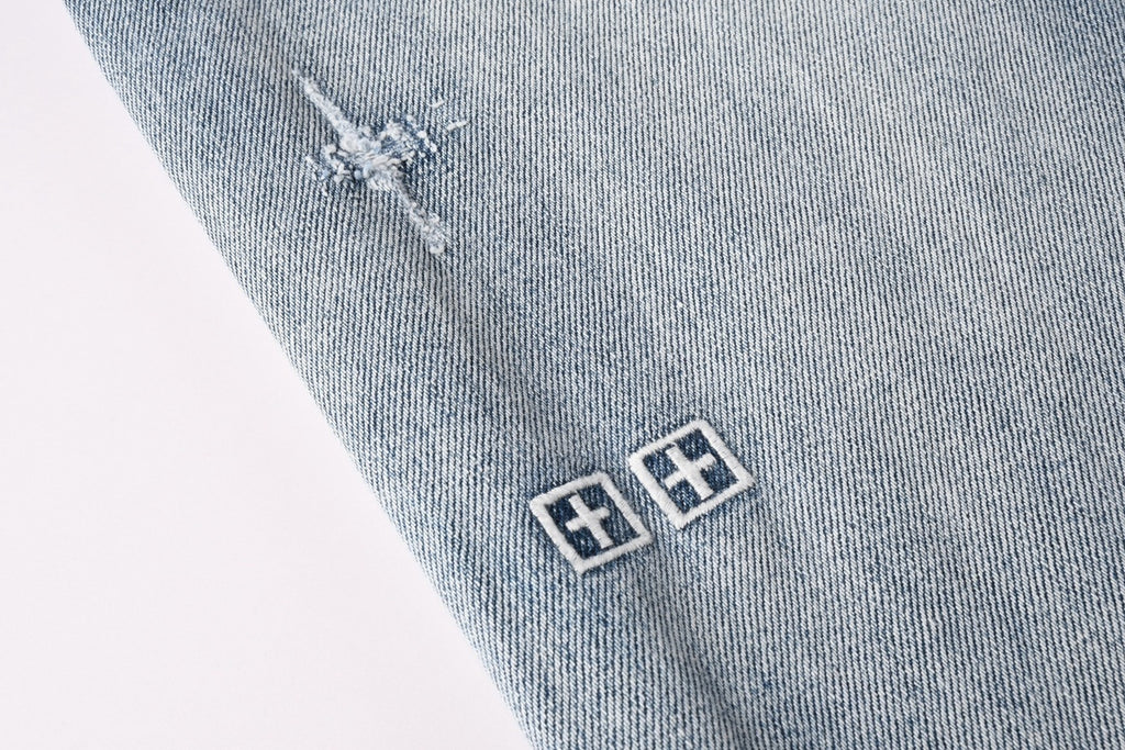 Men’s Light Wash Baggy Jeans - Cross Embroidered Loose Denim