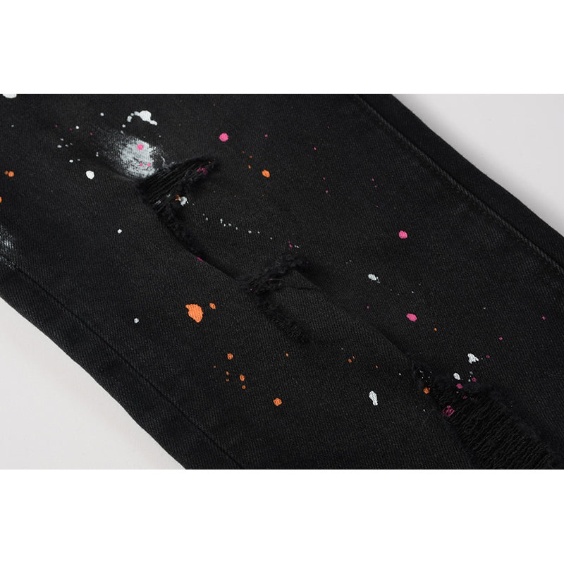 Men's Black Paint Splatter Distressed Skinny Jeans | Streetwear Ripped Slim Fit Denim Pants