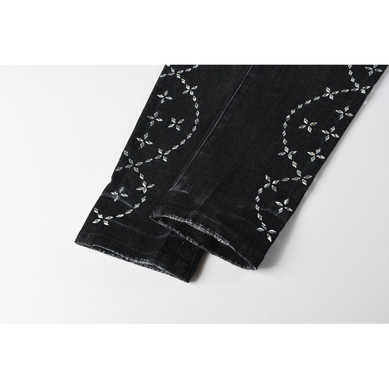 Men's Black Washed Bandana Rhinestone Skinny Jeans | Streetwear Slim Fit Embellished Denim Pants