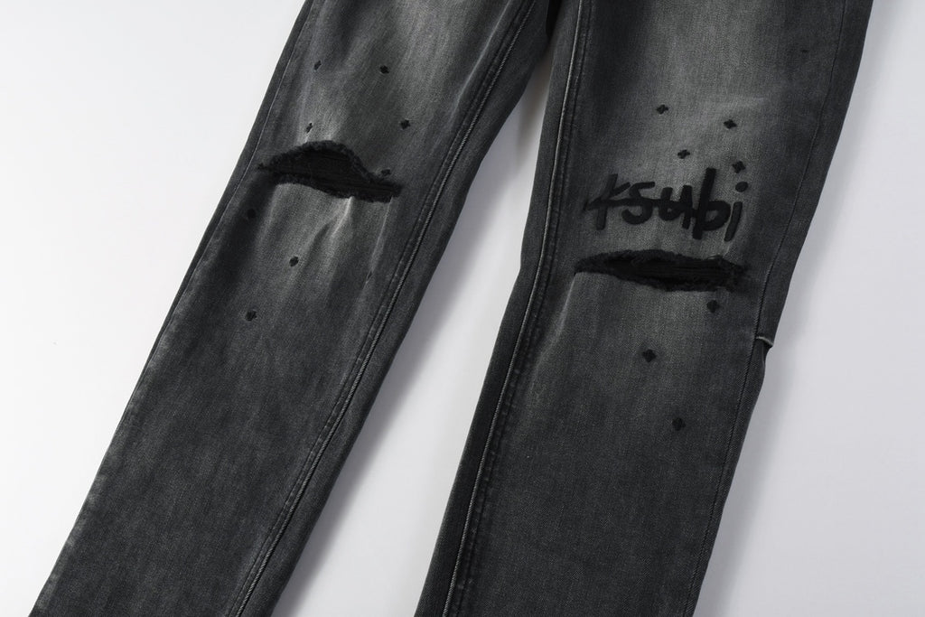 Men's Ksubi-Style Black Distressed Rhinestone Skinny Jeans