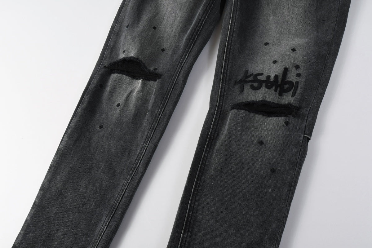 Men's Ksubi-Style Black Distressed Rhinestone Skinny Jeans