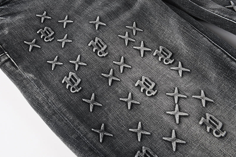 Men's Black Washed Embroidered Cross & Logo Skinny Jeans | Streetwear Slim Fit Denim Pants