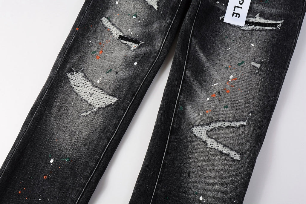 Men's High Street Distressed Black Gray Damaged Holes Spray Paint Stretch Slim Fit Ripped Jeans