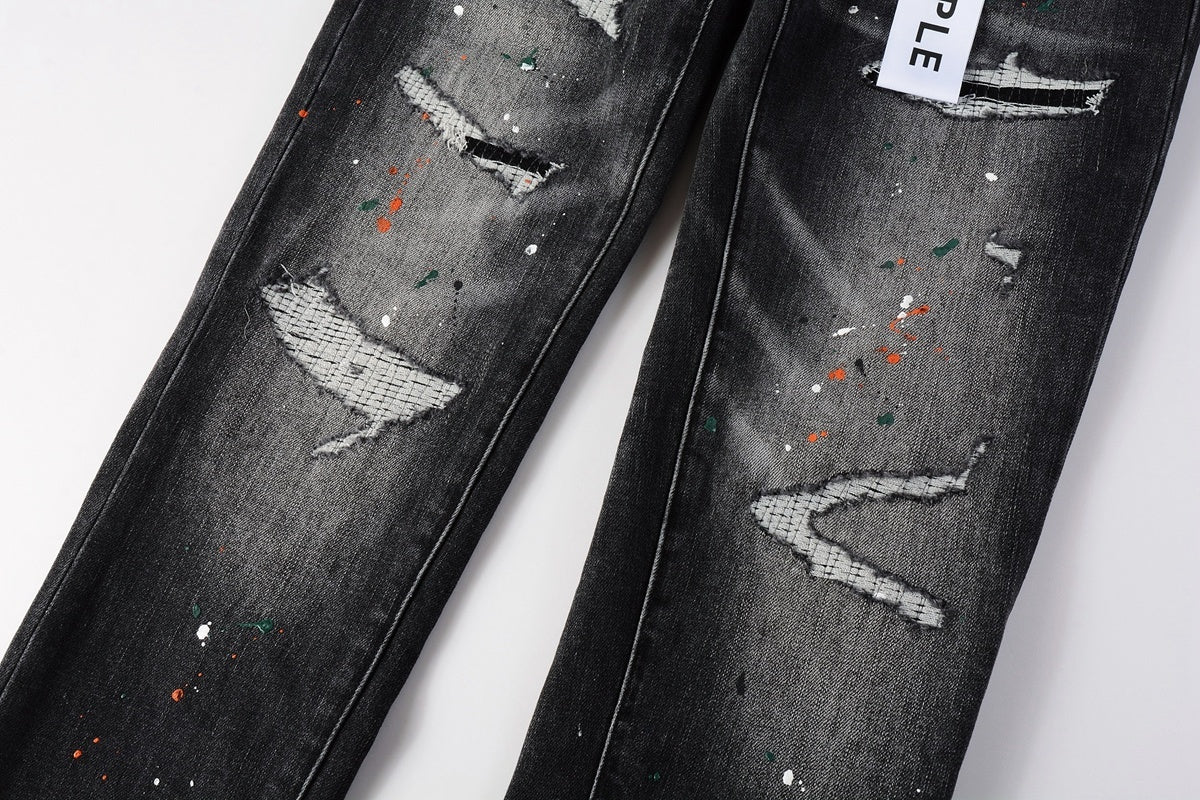 Men's High Street Distressed Black Gray Damaged Holes Spray Paint Stretch Slim Fit Ripped Jeans