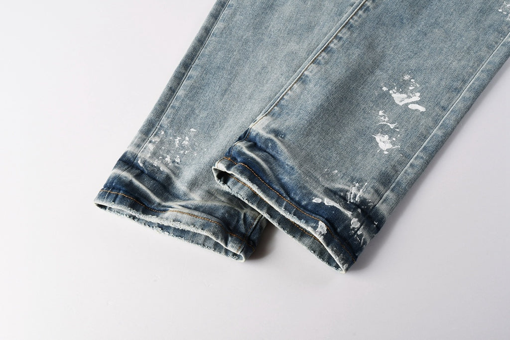 Men's Distressed Light Indigo Skinny Jeans with Graffiti, Ripped Holes & Button Fly