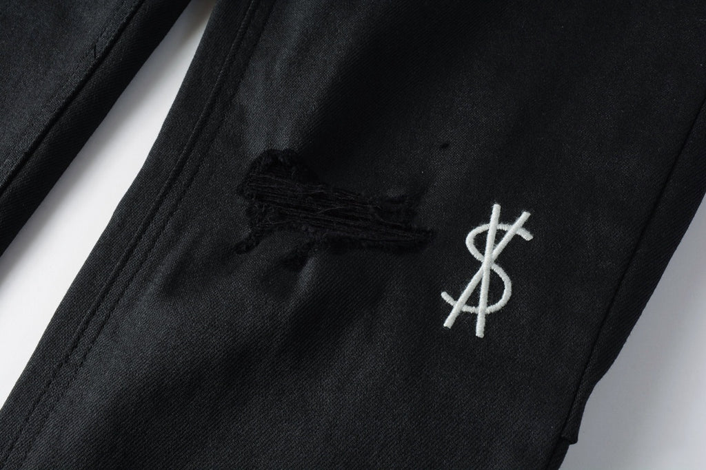 Men's Black Coated Embroidered Distressed Skinny Jeans - Stretch Denim
