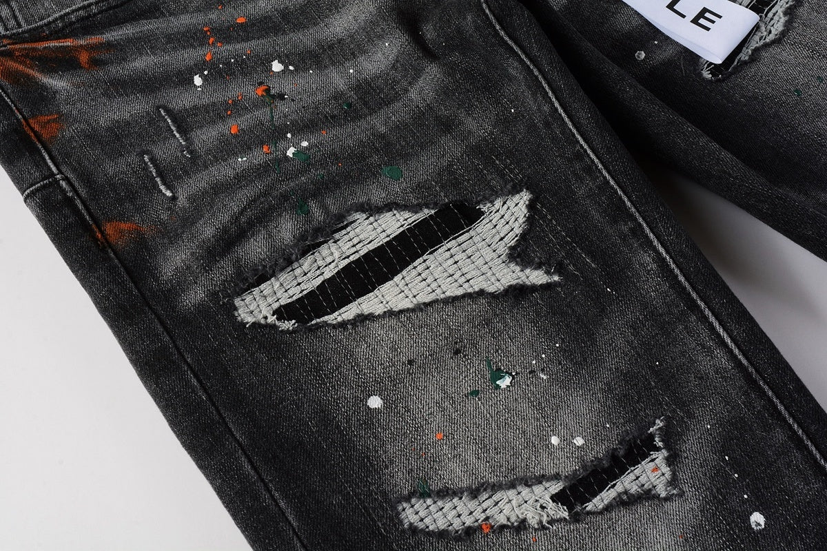 Men's High Street Distressed Black Gray Damaged Holes Spray Paint Stretch Slim Fit Ripped Jeans