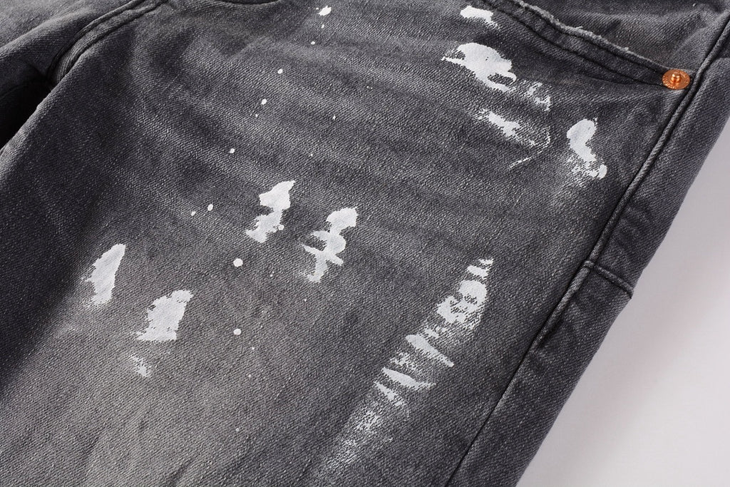 Men's Slim Fit Distressed Gray Damaged Holes Graffiti Stretch Ripped Jeans