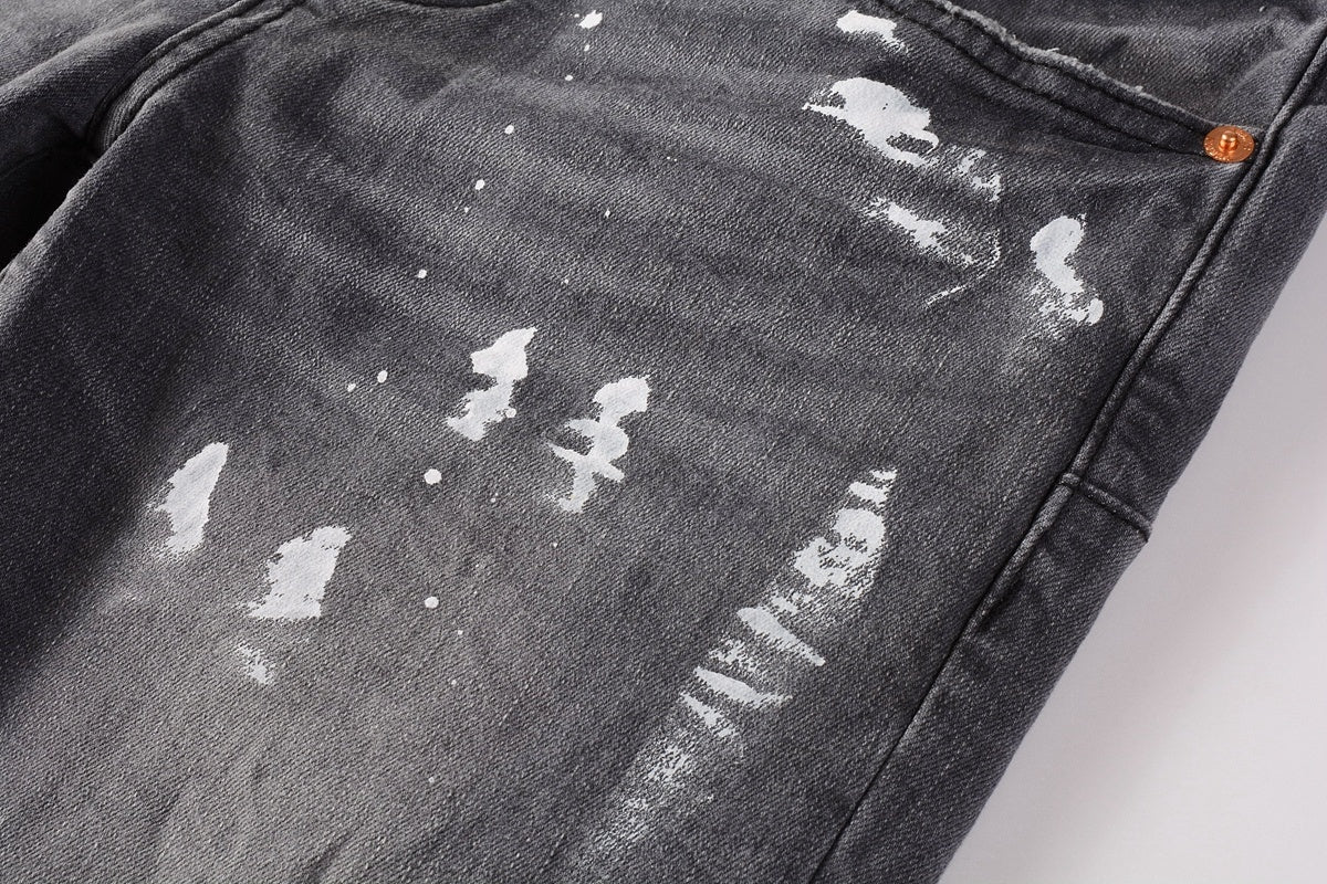 Men's Slim Fit Distressed Gray Damaged Holes Graffiti Stretch Ripped Jeans