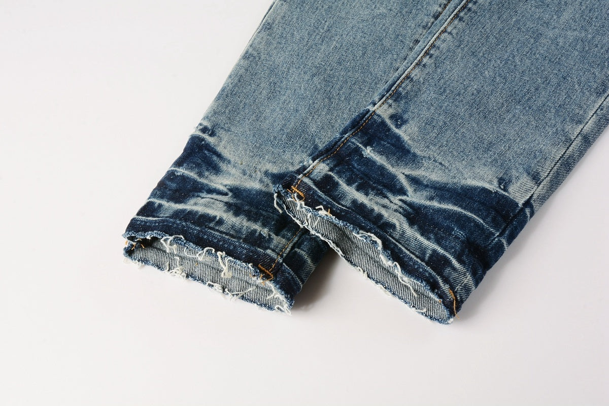 Men's Slim Fit Distressed Blue Graffiti Skinny Jeans with Ripped Holes & Button Fly