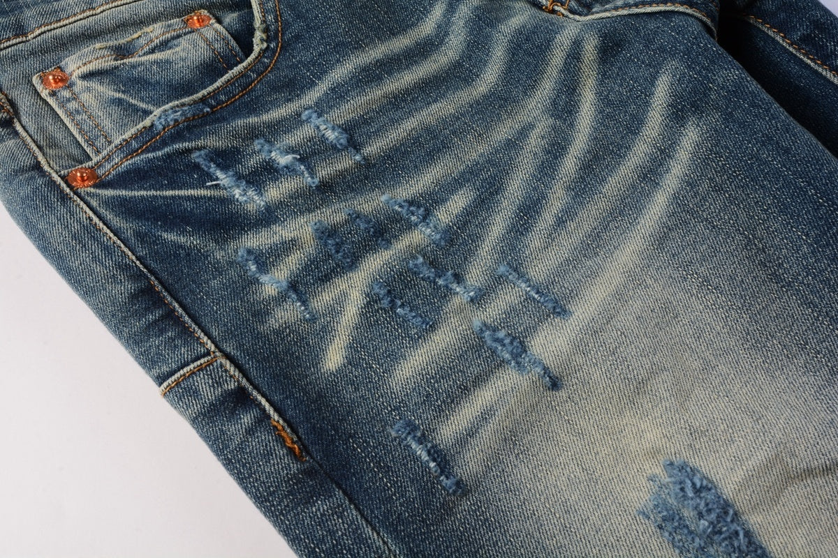 Men's Distressed Slim Fit Dark Blue Stretch Skinny Ripped Jeans