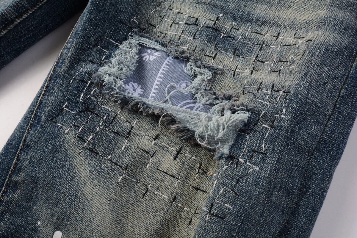 Men's Streetwear Classical Blue Distressed Bandanna Patchwork Stretch Slim Fit Ripped Jeans
