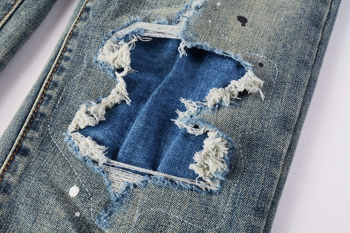 Men's Slim Fit Distressed Light Blue Damaged Holes Blue Patchwork Stretch Ripped Jeans Pants